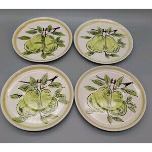 4 Vtg MCM  Hand-Painted Pear Ironstone Oversized Coupe Saucer Plates 7.25" Japan